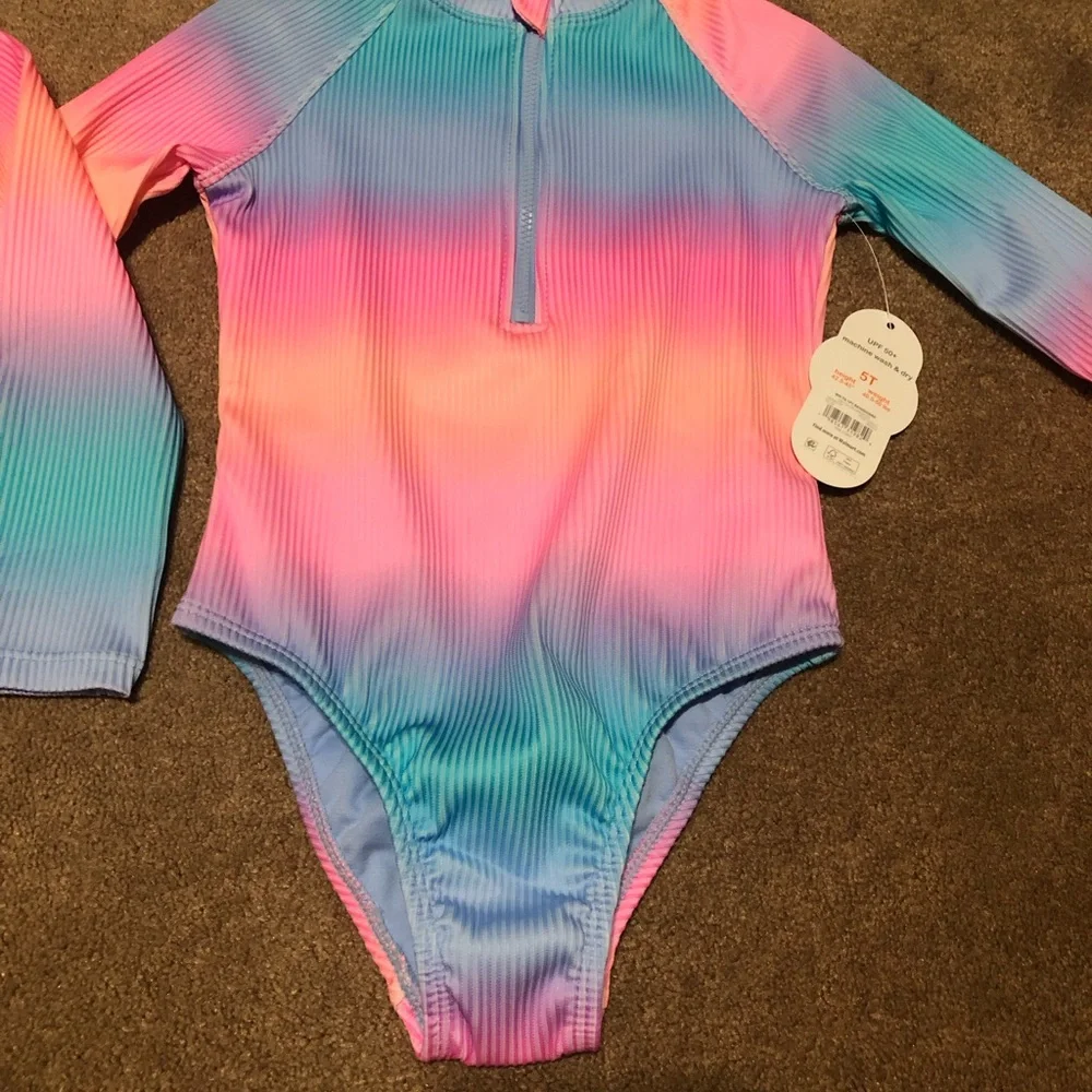 wonder nation Kids Long-Sleeve One-Piece Swimsuit Pink Blue Purple Ombre 4t 5T